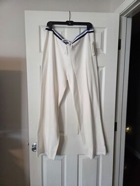 No Boundaries White Wide-Leg Lounge Pants with Navy Trim